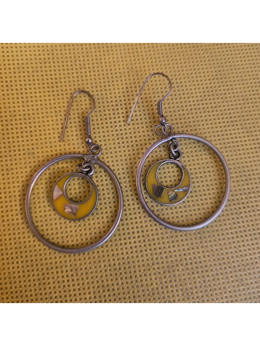 dangle hoop earrings with inner circle design - unknown maker or origin as-shown